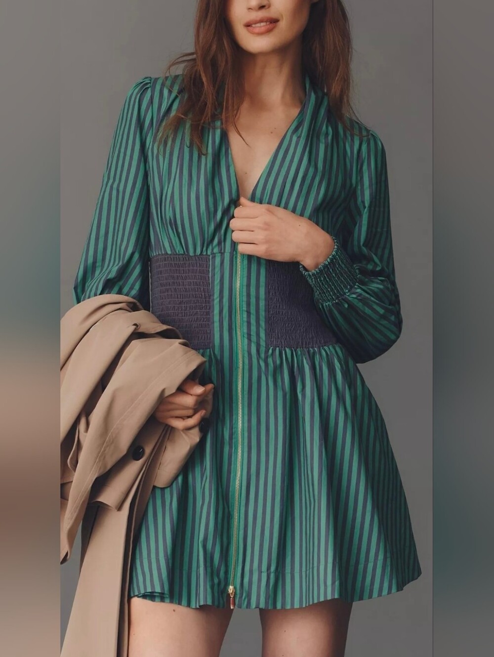 Anthropologie The Tommie Long-Sleeve Smocked Front-Zip Striped Mini Shirt Dress
